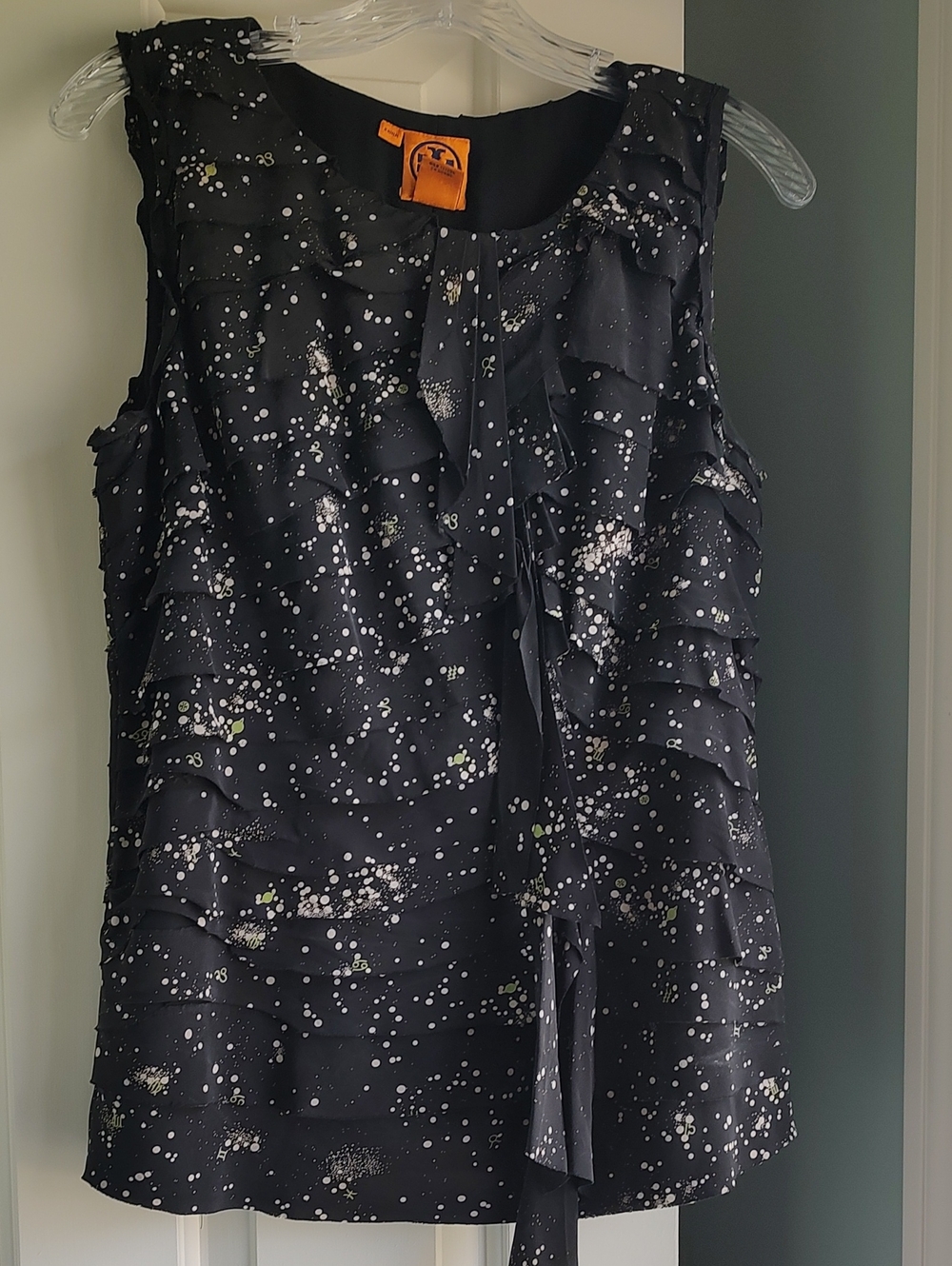 Tory Burch Black Ruffle Sleeveless Camisole with Splash Print